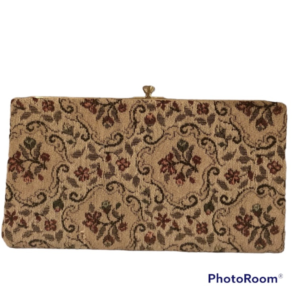 Harry Levine Vintage Tapestry Needlepoint Clutch Snap Tan Red Floral 10.5x5.75x1